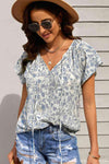 Floral Flutter Sleeve Tie-Neck Blouse Blouses - Tophatter Daily Deals