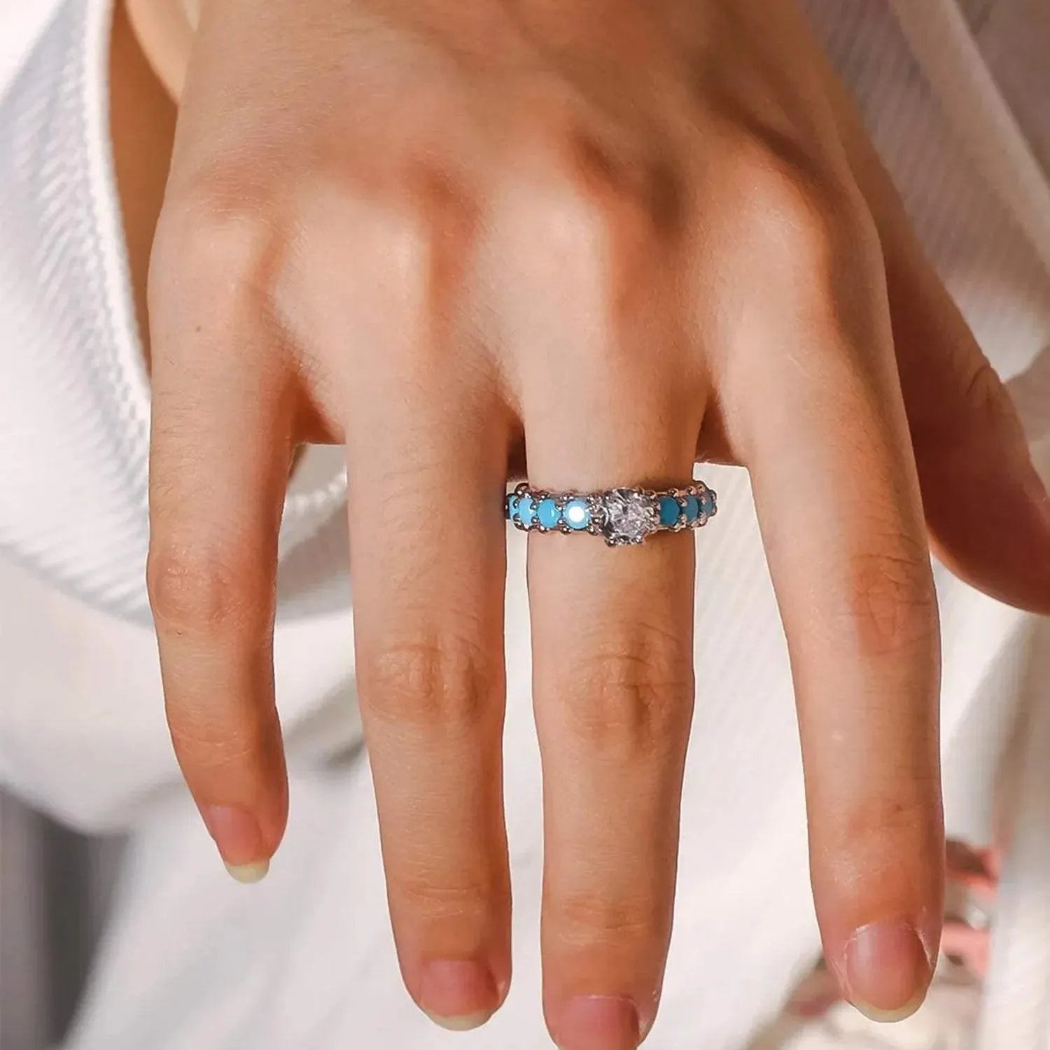Inlaid Artificial Turquoise Zircon 925 Sterling Silver Ring Rings - Tophatter Daily Deals