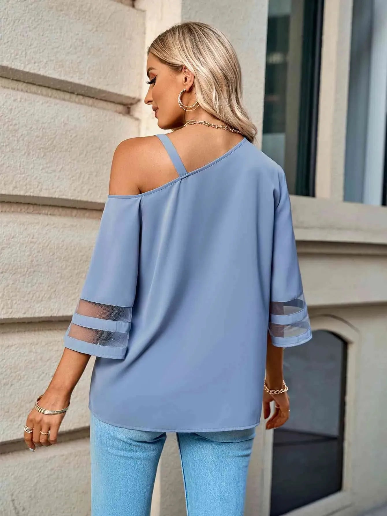 Asymmetrical Neck Sheer Striped Flare Sleeve Blouse Blouses - Tophatter Daily Deals