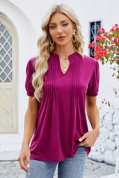 Notched Short Sleeve T-Shirt Magenta Women's T-Shirts - Tophatter Daily Deals