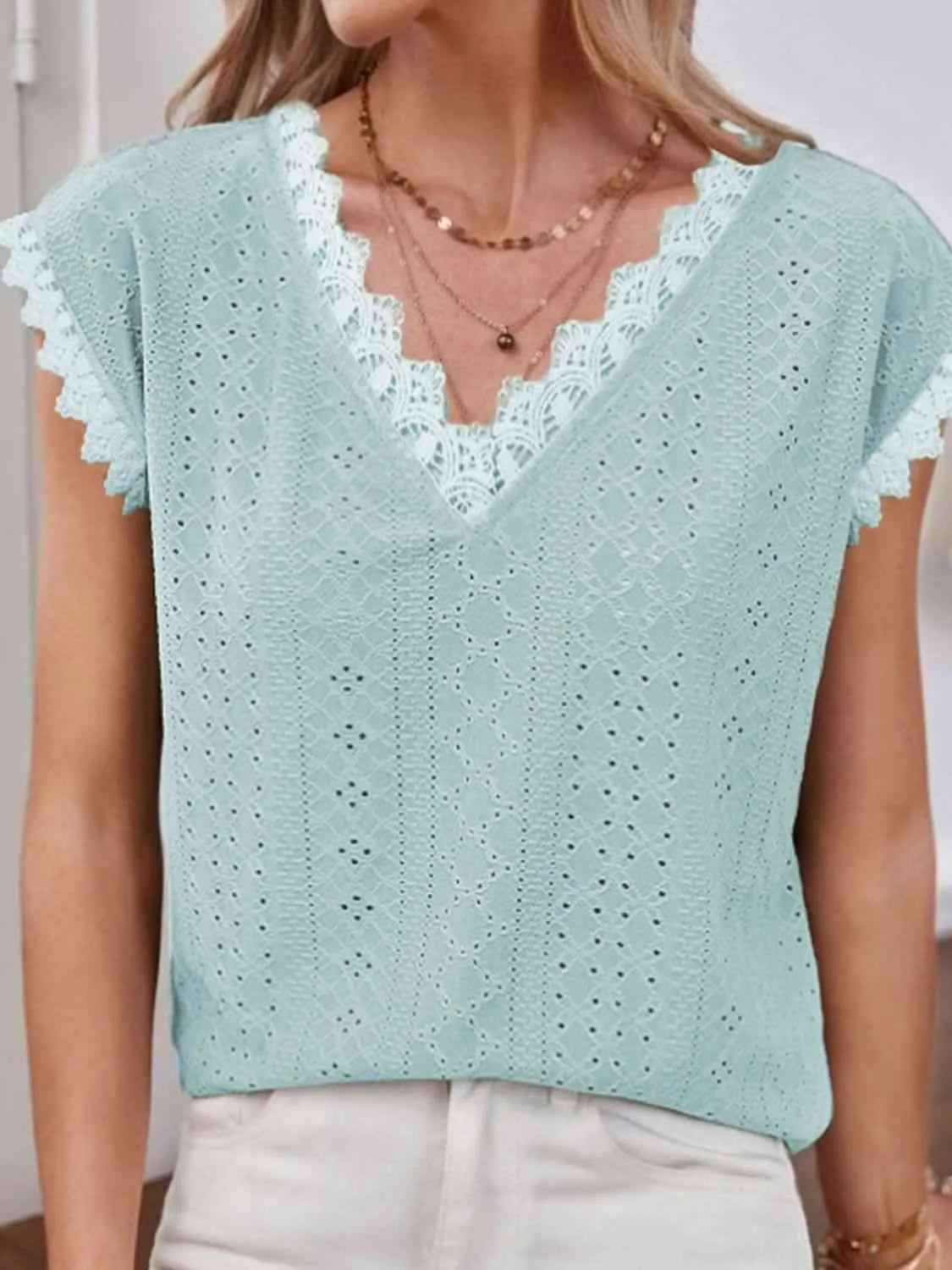 V-Neck Eyelet Short Sleeve Top Turquoise Blouses - Tophatter Daily Deals