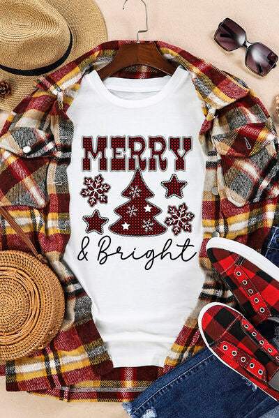 MERRY & BRIGHT Round Neck Short Sleeve T-Shirt Women's T-Shirts - Tophatter Daily Deals