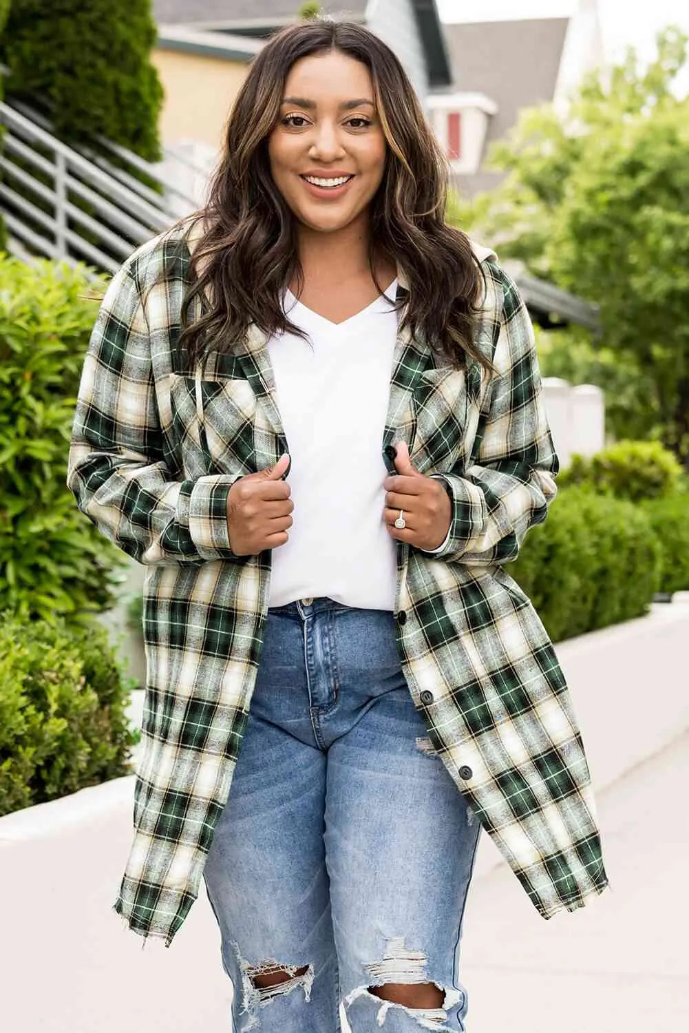 Plus Size Plaid Curved Hem Button Front Shirt Blouses - Tophatter Daily Deals