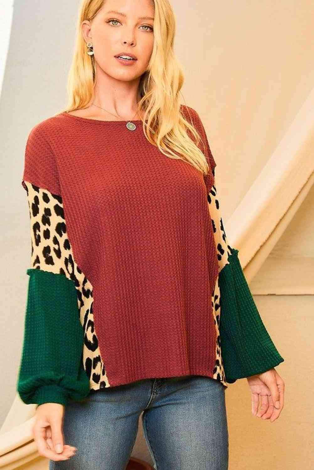 Leopard Color Block Waffle-Knit Blouse Blouses - Tophatter Daily Deals