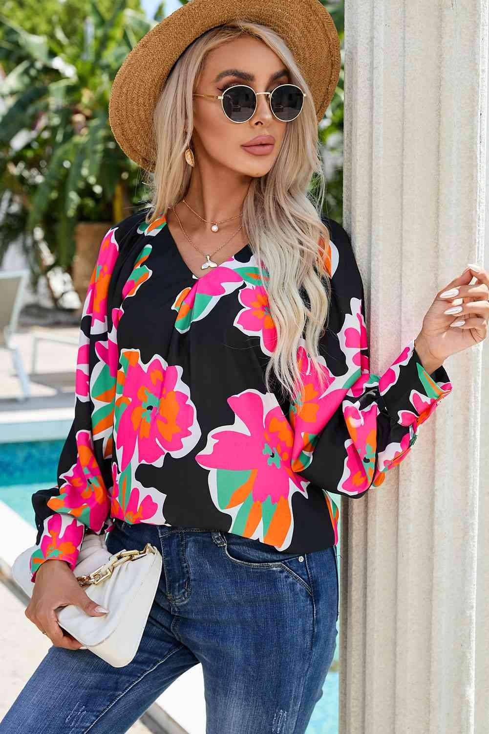 Floral V-Neck Long Sleeve Blouse Black Blouses - Tophatter Daily Deals