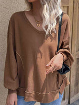 V-Neck Waffle-Knit Slit Top Camel Blouses - Tophatter Daily Deals