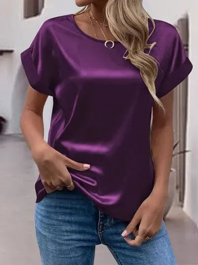 Round Neck Short Sleeve T-Shirt Plum Women's T-Shirts - Tophatter Daily Deals