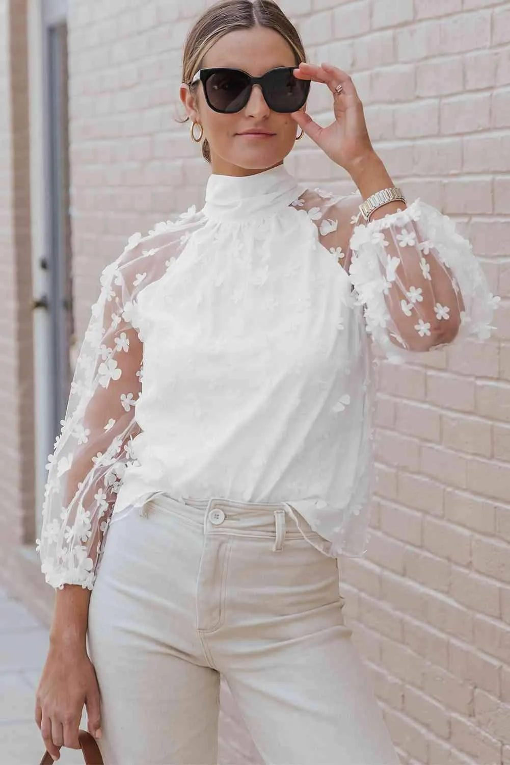 Mock Neck Long Sleeve Applique Blouse White Blouses - Tophatter Daily Deals