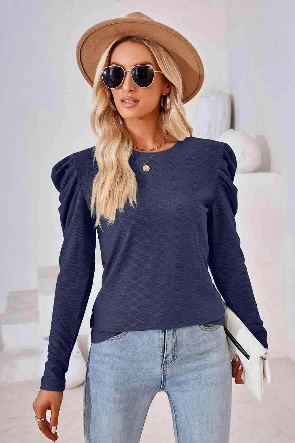 Round Neck Puff Sleeve Blouse Dark Navy Blouses - Tophatter Daily Deals