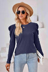 Round Neck Puff Sleeve Blouse Dark Navy Blouses - Tophatter Daily Deals