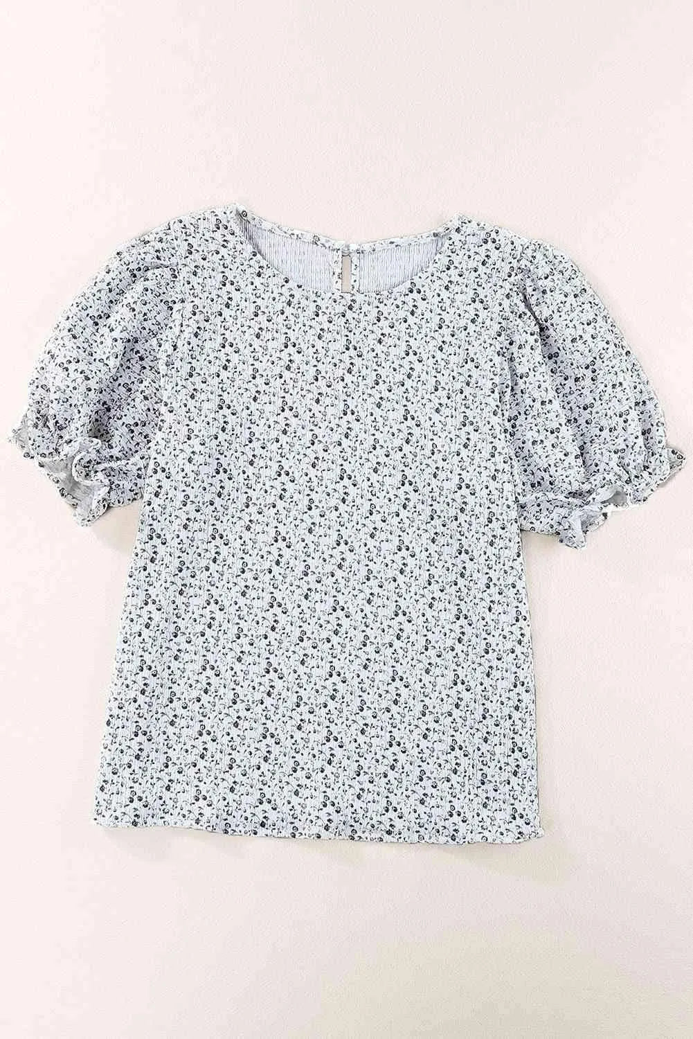 Printed Round Neck Half Flounce Sleeve Top Black Cream Blouses - Tophatter Daily Deals