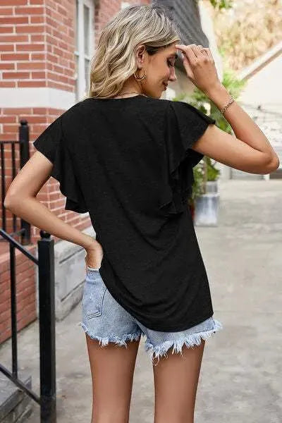 Ruffled Notched Cap Sleeve T-Shirt Women's T-Shirts - Tophatter Daily Deals