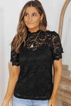 Lace Scalloped Short Puff Sleeve Top Black Blouses - Tophatter Daily Deals