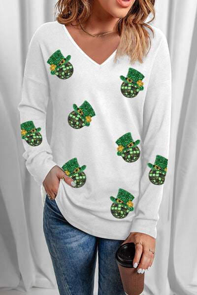 Sequin V-Neck Long Sleeve T-Shirt White Women's T-Shirts - Tophatter Daily Deals