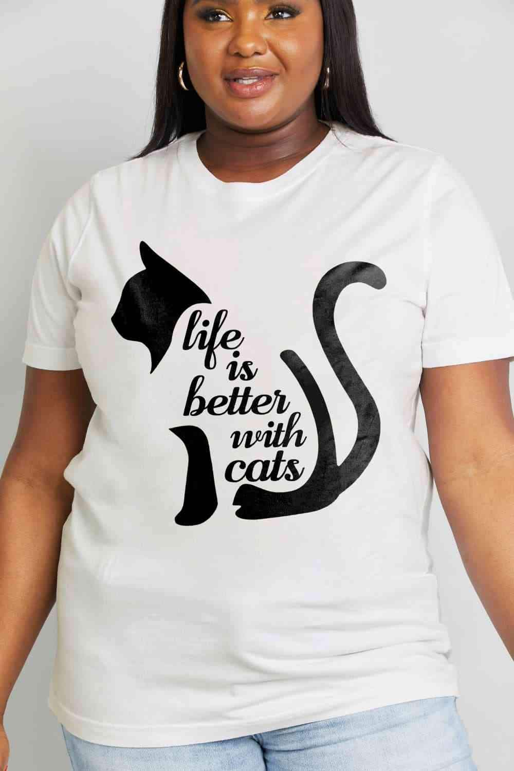 Simply Love Simply Love Full Size LIFE IS BETTER WITH CATS Graphic Cotton Tee Women's T-Shirts - Tophatter Daily Deals