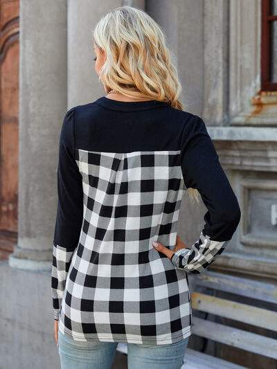 Plaid Notched Long Sleeve T-Shirt Women's T-Shirts - Tophatter Daily Deals