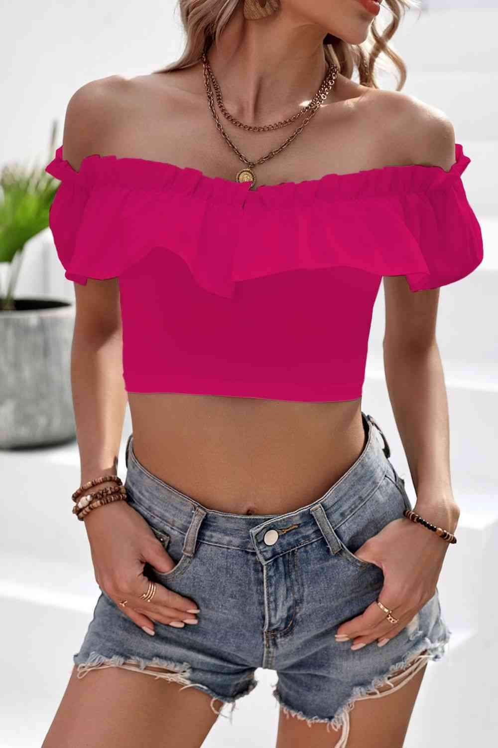 Off-Shoulder Ruffled Cropped Top Deep Rose Blouses - Tophatter Daily Deals