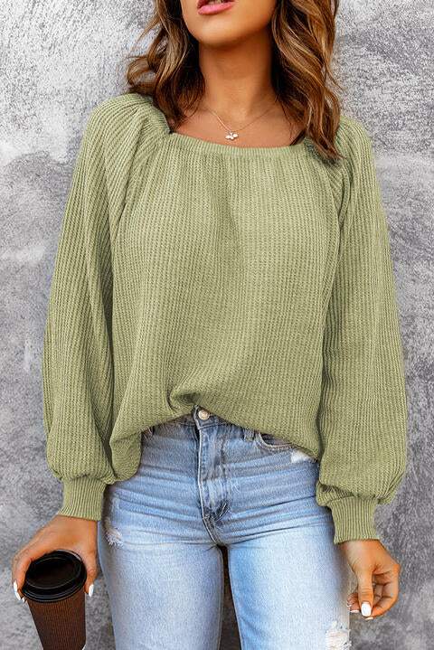 Square Neck Waffle-Knit Top Light Green Blouses - Tophatter Daily Deals