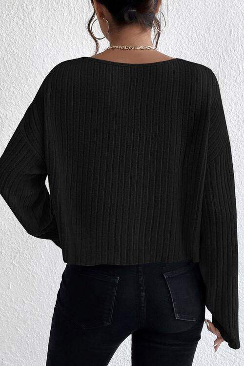 Ribbed Round Neck Drop Shoulder Long Sleeve Top Blouses - Tophatter Daily Deals