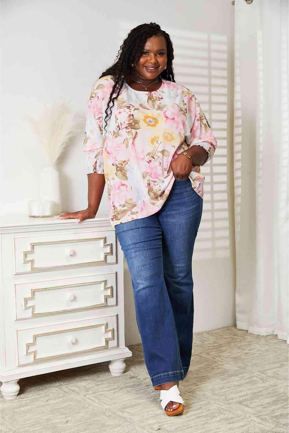 Double Take Floral Round Neck Three-Quarter Sleeve Top Blouses - Tophatter Daily Deals