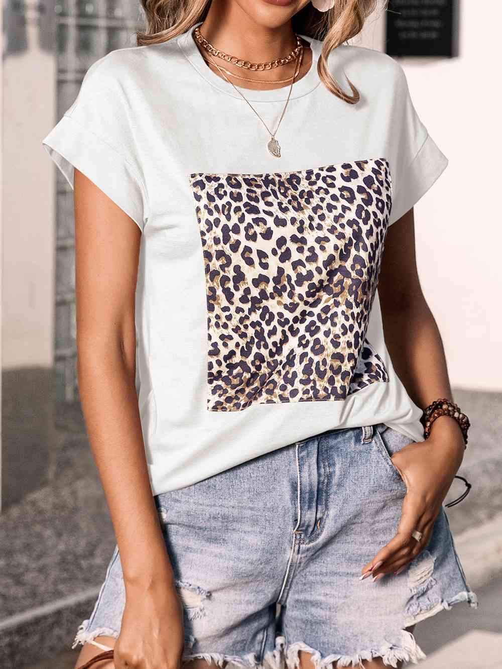 Leopard Graphic Round Neck Tee White Women's T-Shirts - Tophatter Daily Deals