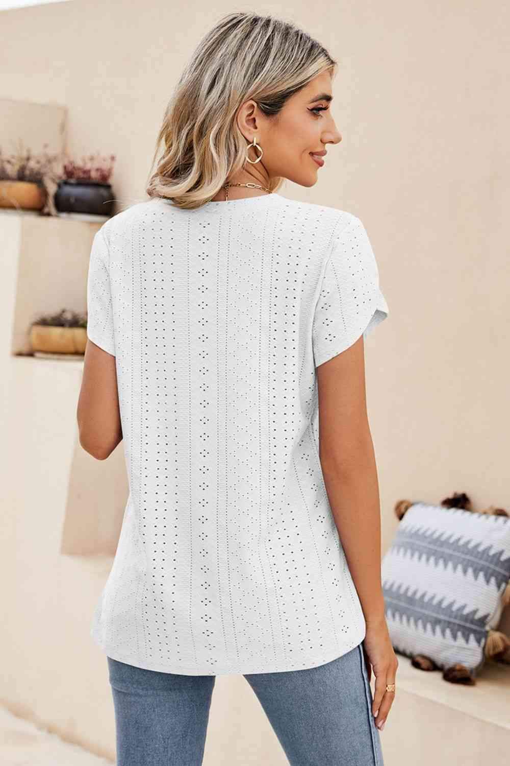 Eyelet Petal Sleeve V-Neck Knit Top Blouses - Tophatter Daily Deals