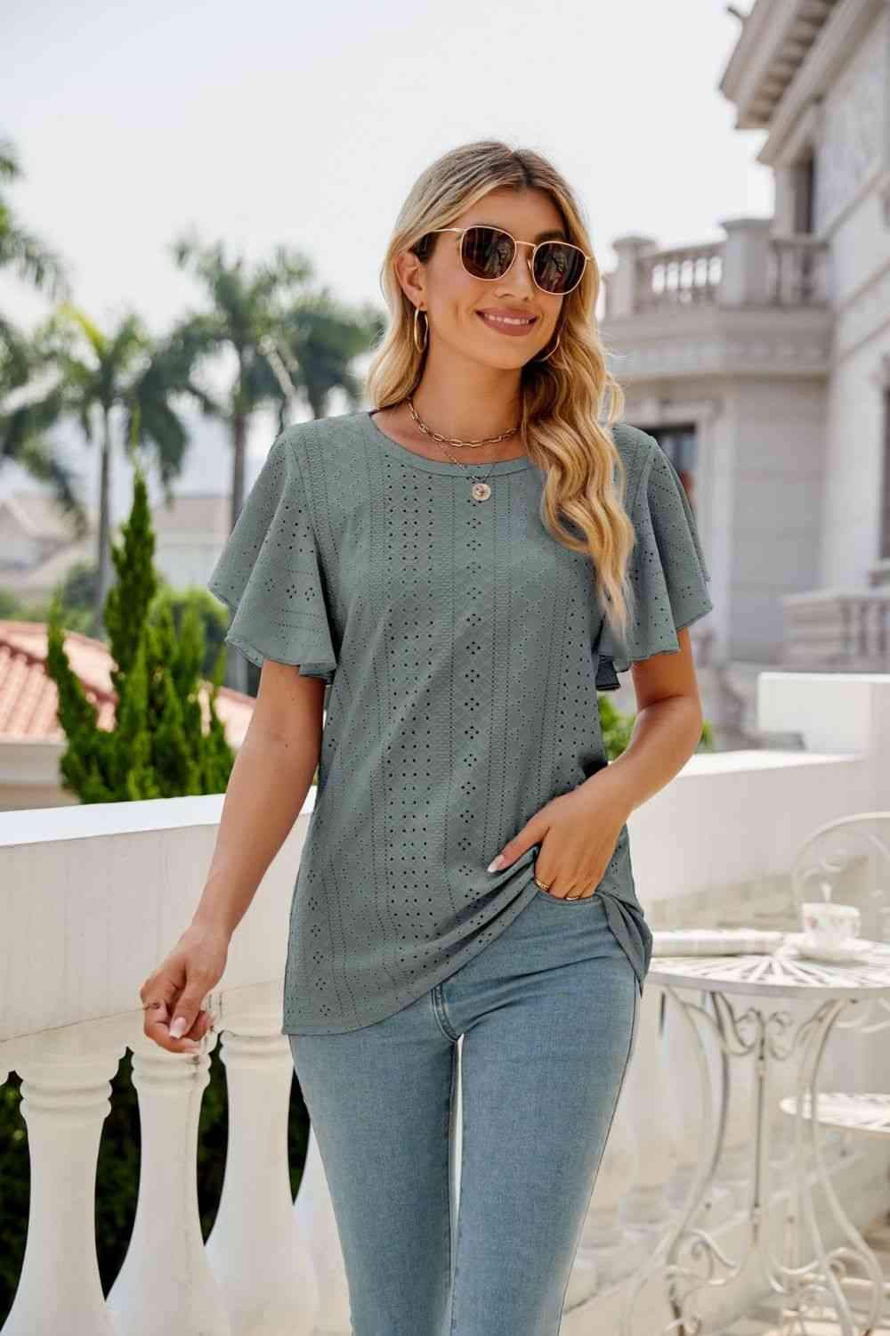 Eyelet Flutter Sleeve Round Neck Top Blouses - Tophatter Daily Deals