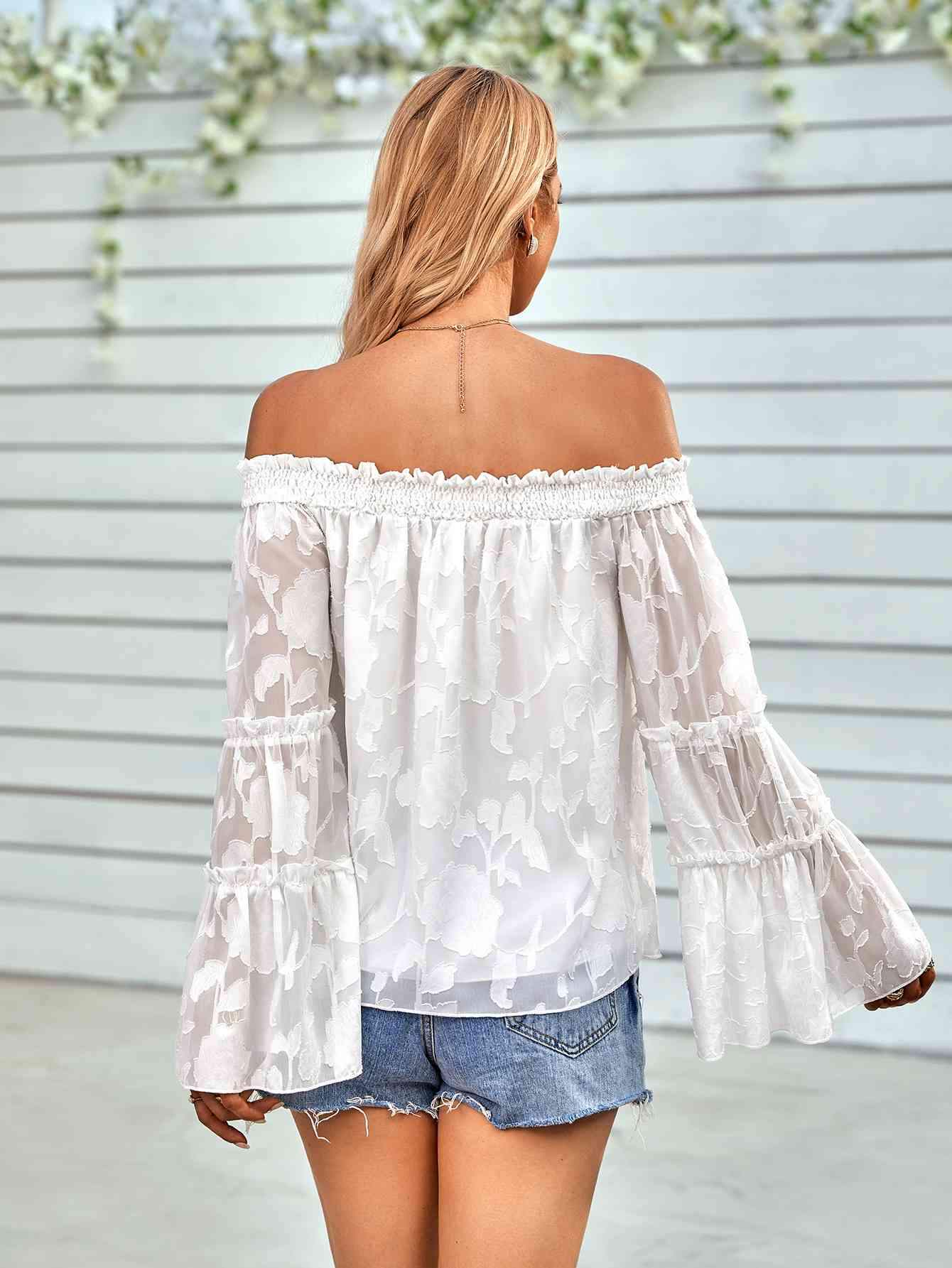 Applique Flounce Sleeve Off-Shoulder Blouse Blouses - Tophatter Daily Deals