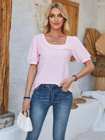 Eyelet Asymmetrical Neck Short Sleeve T-Shirt Women's T-Shirts - Tophatter Daily Deals