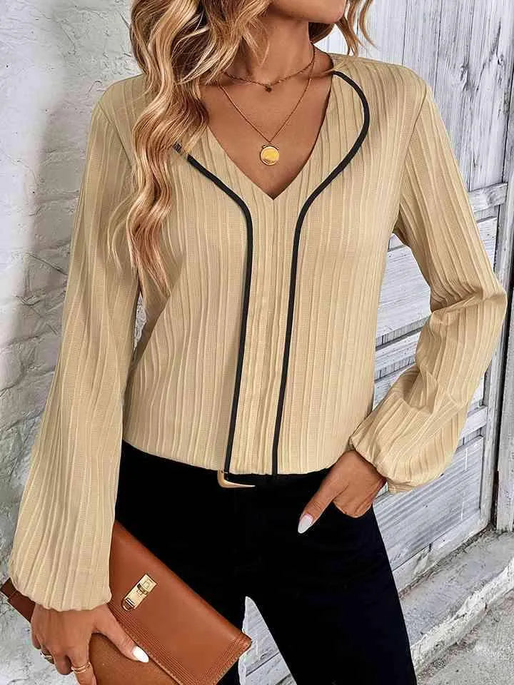 Contrast V-Neck Long Sleeve Blouse Pastel Yellow Blouses - Tophatter Daily Deals