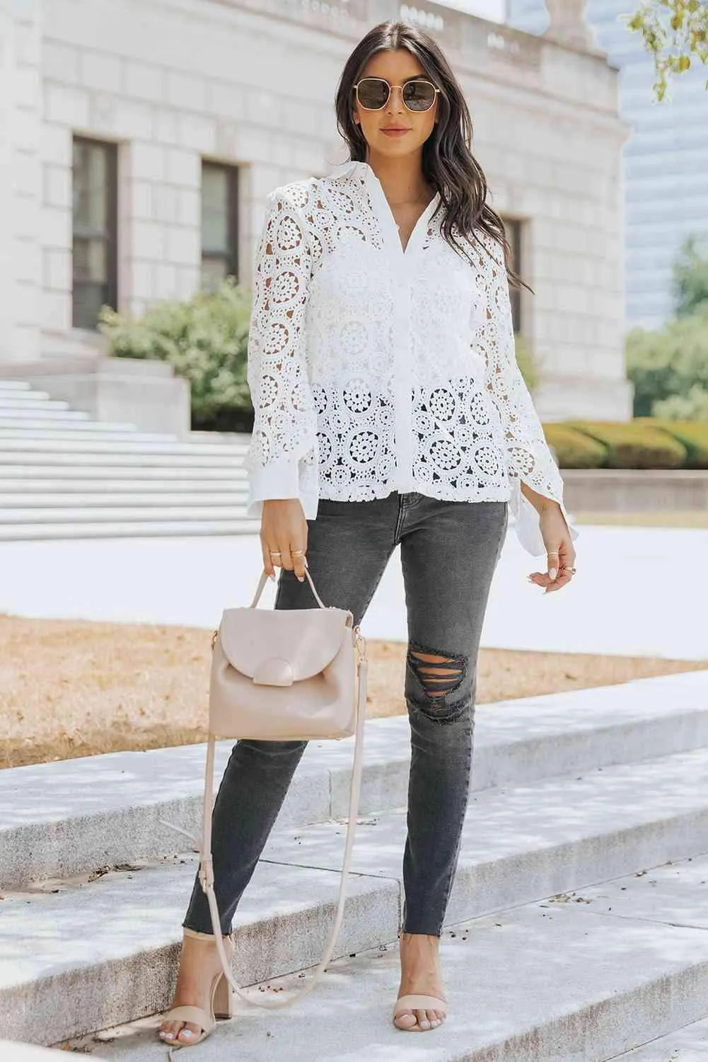 Button-Up Lace Collared Shirt Blouses - Tophatter Daily Deals