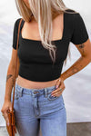 Lace-Up Square Neck Crop Top Black Blouses - Tophatter Daily Deals