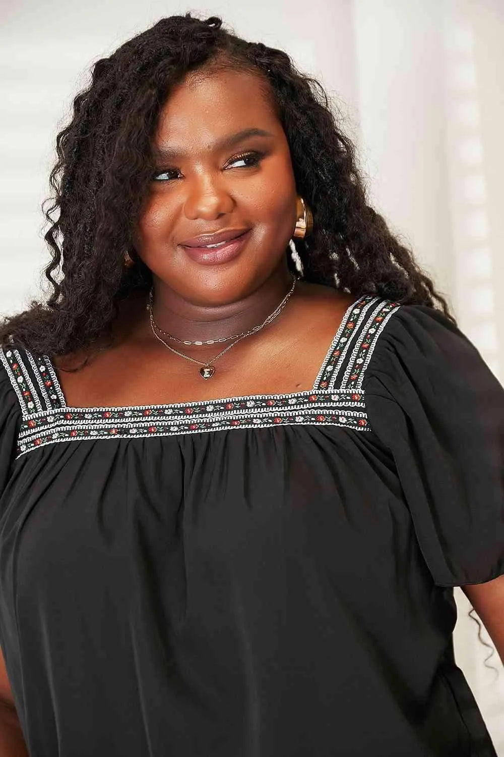 Double Take Contrast Square Neck Puff Sleeve Blouse Blouses - Tophatter Daily Deals