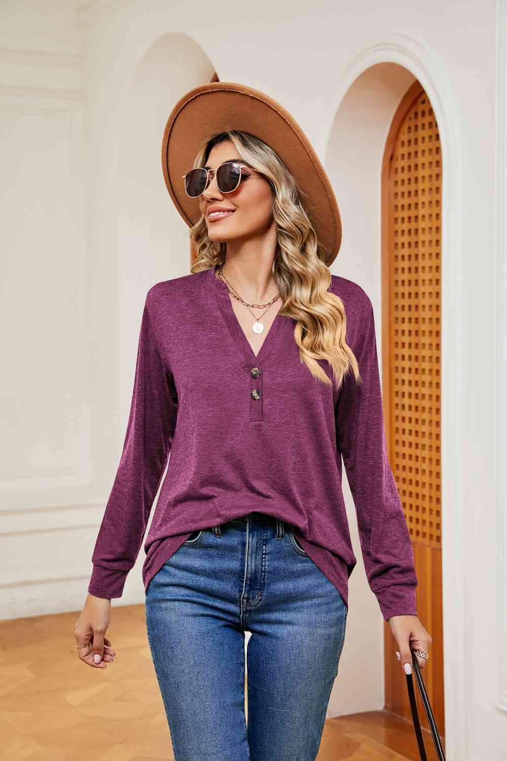 Buttoned Notched Neck Long Sleeve Top Blouses - Tophatter Daily Deals