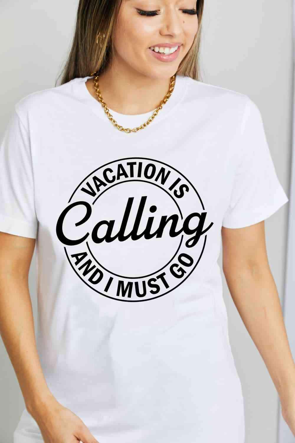 Simply Love VACATION IS CALLING AND I MUST GO Graphic Cotton T-Shirt Bleach Women's T-Shirts - Tophatter Daily Deals