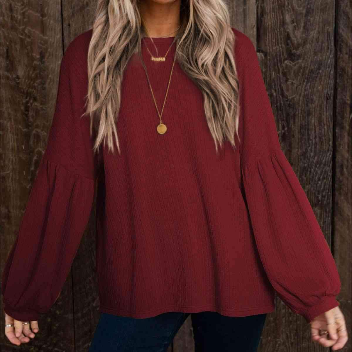 Round Neck Long Sleeve Ruched Blouse Wine Blouses - Tophatter Daily Deals