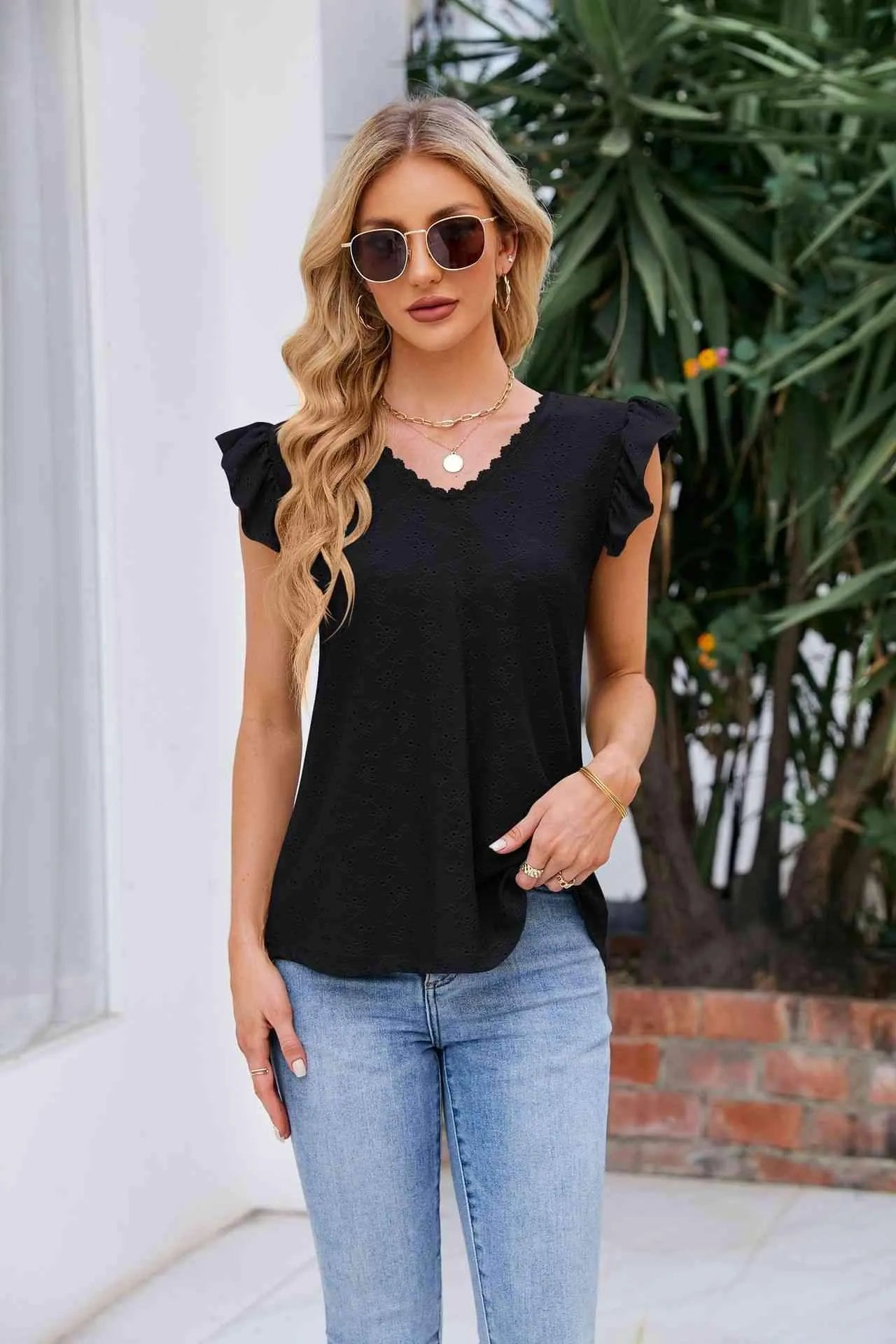 V-Neck Flutter Sleeve Eyelet Top Black Blouses - Tophatter Daily Deals