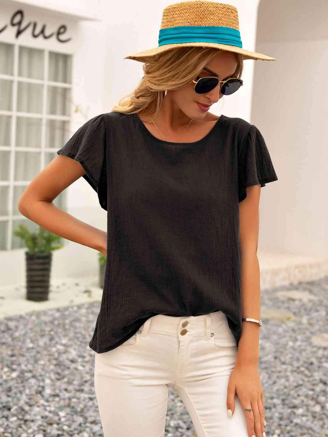 Round Neck Cutout Tie Back Top Blouses - Tophatter Daily Deals