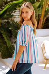 Rainbow Stripe Off-Shoulder Frilled Flounce Sleeve Blouse Blouses - Tophatter Daily Deals