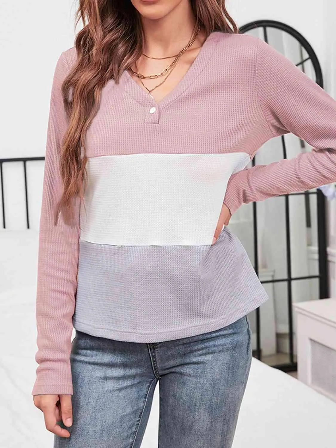 Color Block Long Sleeve Top Blouses - Tophatter Daily Deals