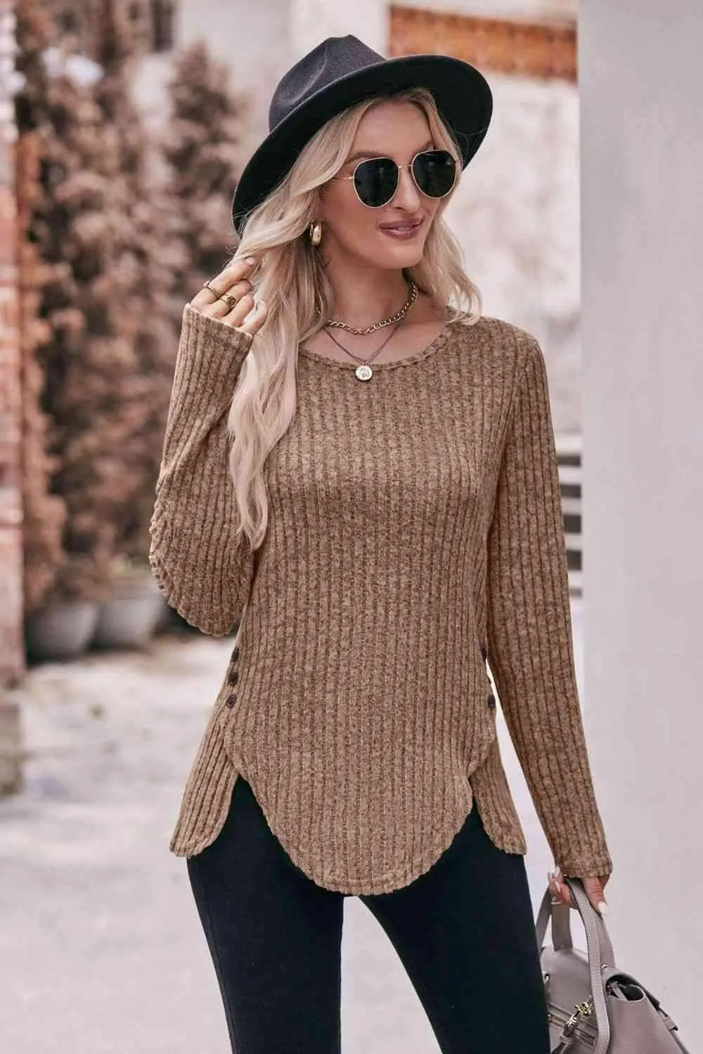 Double Take Buttoned Hem Detail Ribbed Top Women's T-Shirts - Tophatter Daily Deals