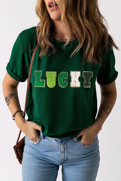 LUCKY Round Neck Short Sleeve T-Shirt Green Women's T-Shirts - Tophatter Daily Deals