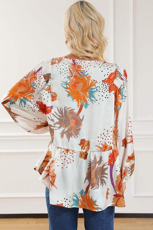 Printed V-Neck Smocked Balloon Sleeve Blouse Blouses - Tophatter Daily Deals