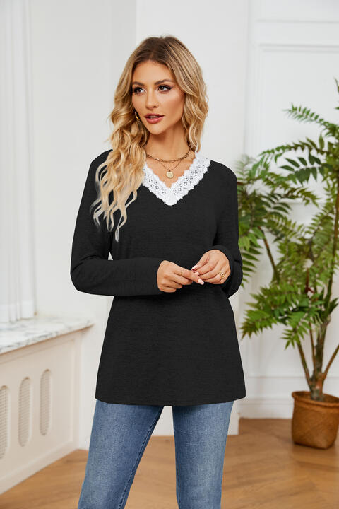 Lace Detailed V Neck Top Women's T-Shirts - Tophatter Daily Deals