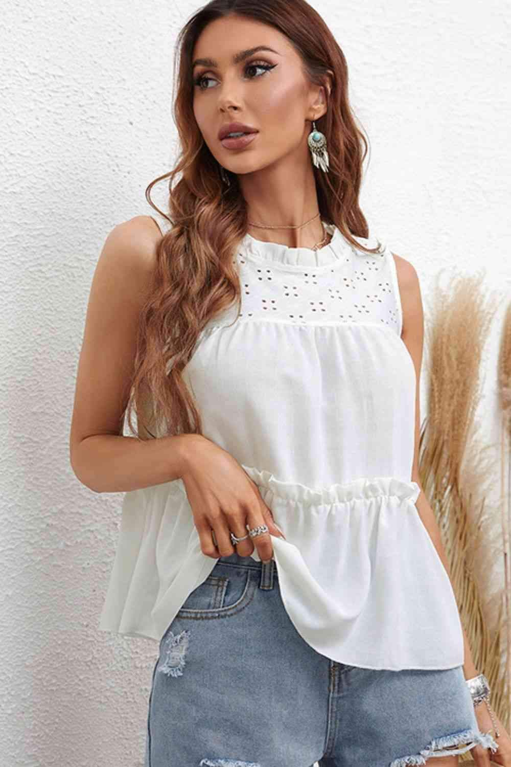 Frill Trim Round Neck Sleeveless Top Blouses - Tophatter Daily Deals