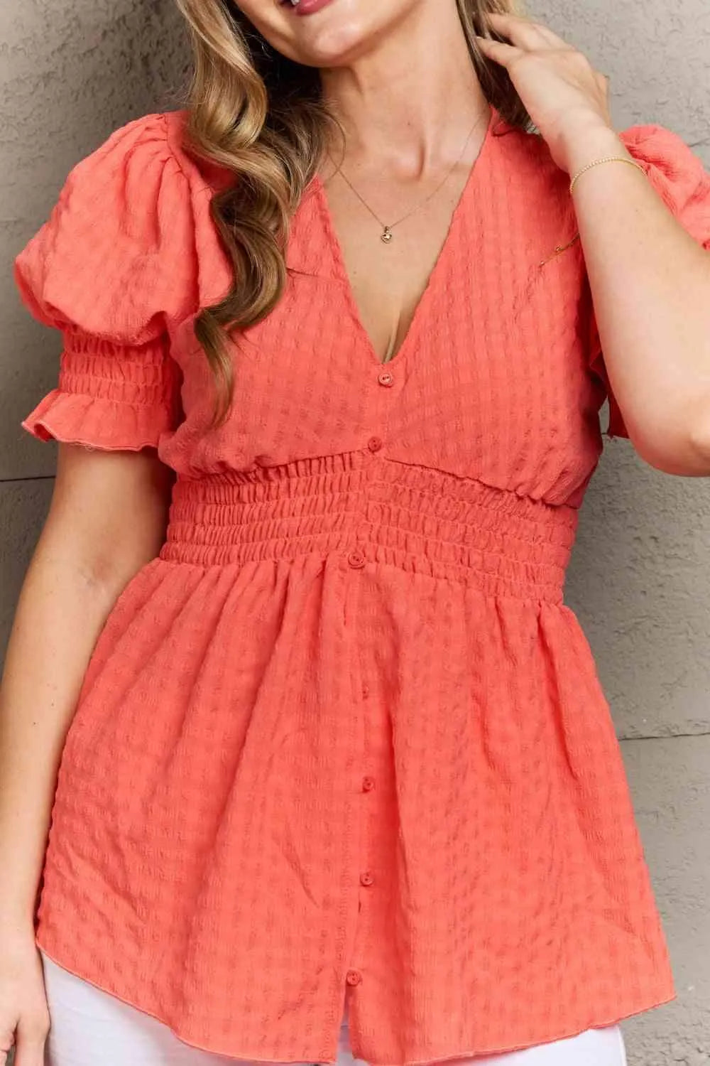 Culture Code Whimsical Wonders Full Size V-Neck Puff Sleeve Button Down Top Blouses - Tophatter Daily Deals