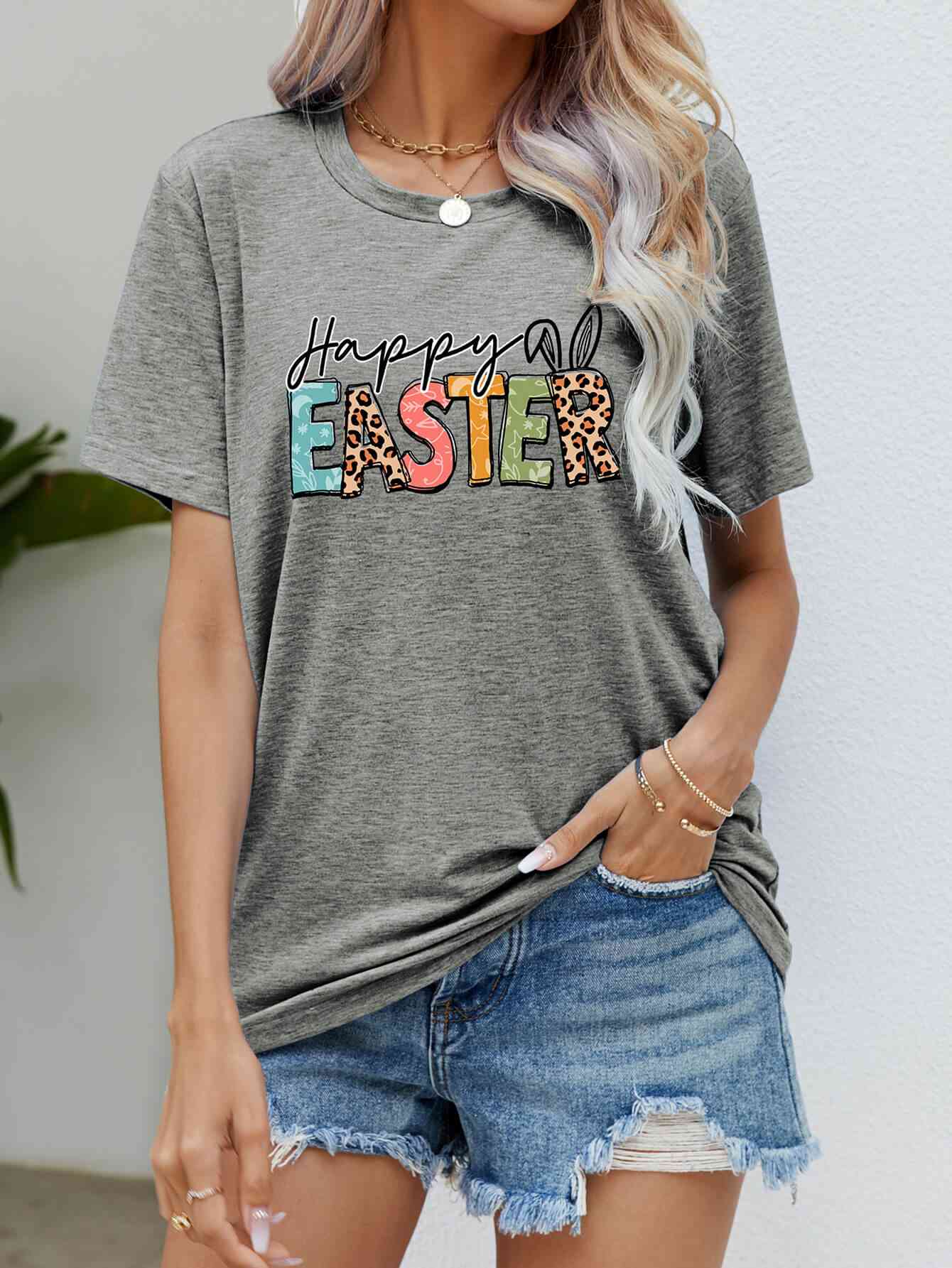 HAPPY EASTER Graphic Round Neck Tee Shirt Heather Gray Women's T-Shirts - Tophatter Daily Deals