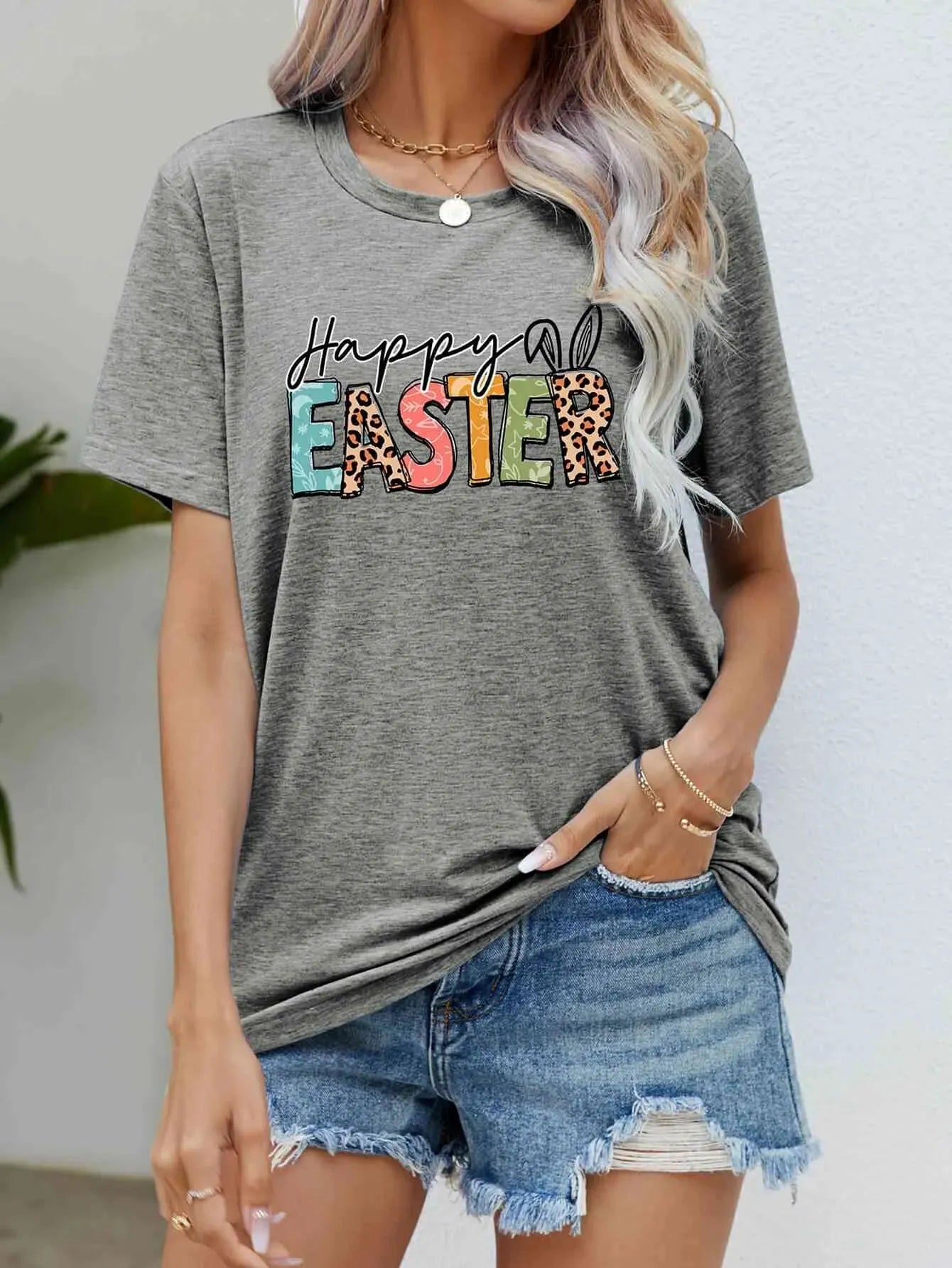 HAPPY EASTER Graphic Round Neck Tee Shirt Heather Gray Women's T-Shirts - Tophatter Daily Deals