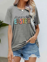 HAPPY EASTER Graphic Round Neck Tee Shirt Heather Gray Women's T-Shirts - Tophatter Daily Deals