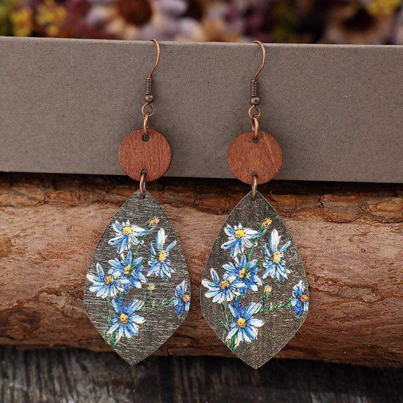 Flower Geometrical Shape Wooden Earrings Misty Blue One Size Earrings - Tophatter Daily Deals